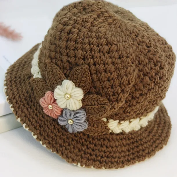 Vintage Flower Crochet Bucket Hat Thick Coldproof Basin Hats Warm Fisherman Cap For Women daily use Autumn & Winter