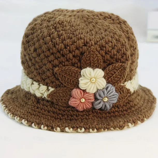 Vintage Flower Crochet Bucket Hat Thick Coldproof Basin Hats Warm Fisherman Cap For Women daily use Autumn & Winter