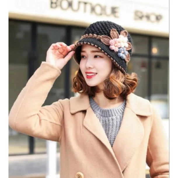 Vintage Flower Crochet Bucket Hat Thick Coldproof Basin Hats Warm Fisherman Cap For Women daily use Autumn & Winter