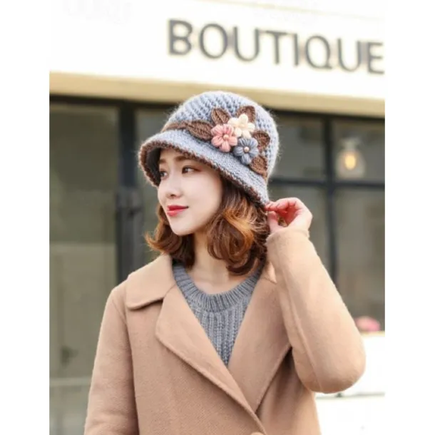 Vintage Flower Crochet Bucket Hat Thick Coldproof Basin Hats Warm Fisherman Cap For Women daily use Autumn & Winter