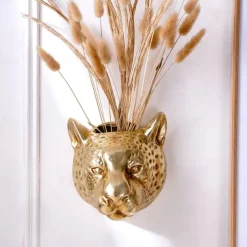 Vintage Gold and Silver Leopard Head Wall Decor, Gold and Silver Foil Surface, Wall Hanging Flower Vase and Storage, Creative Cute Animal Wall Art for Home Decoration