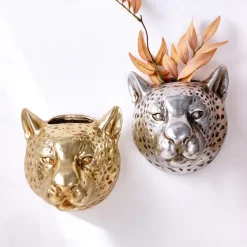 Vintage Gold and Silver Leopard Head Wall Decor, Gold and Silver Foil Surface, Wall Hanging Flower Vase and Storage, Creative Cute Animal Wall Art for Home Decoration