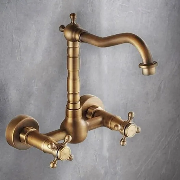 Vintage Kitchen Sink Mixer Faucet Wall Mounted, 360 Swivel Spout Retro Style Brass 2 Handle 2 Hole Vessel Taps, Traditional Kitchen Taps with Hot and Cold Water Hose