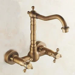 Vintage Kitchen Sink Mixer Faucet Wall Mounted, 360 Swivel Spout Retro Style Brass 2 Handle 2 Hole Vessel Taps, Traditional Kitchen Taps with Hot and Cold Water Hose