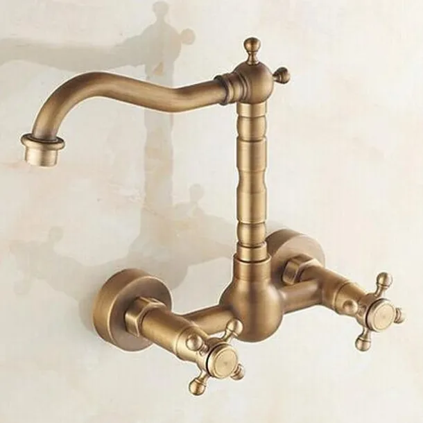 Vintage Kitchen Sink Mixer Faucet Wall Mounted, 360 Swivel Spout Retro Style Brass 2 Handle 2 Hole Vessel Taps, Traditional Kitchen Taps with Hot and Cold Water Hose