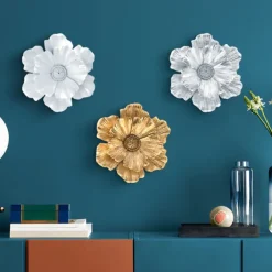 Vintage Large Flower Wall Decor, Gold Silver White Resin Wall Hanging, 3D Floral Wall Art for Home, Living Room, Bedroom Decoration