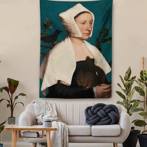 Vintage Painting Hanging Tapestry Wall Art Large Tapestry Mural Photograph Backdrop Home Bedroom Living Room Decoration A Lady with a Squirrel and a Starling