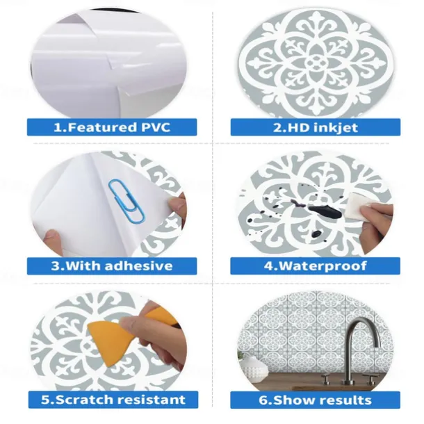 Vintage Self-Adhesive Tile Sticker Square Peel and Stick Non-Slip Waterproof Removable PVC Bathroom Kitchen Home Decor Floor Wall Stair Tile Sticker