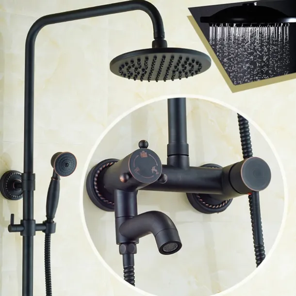Vintage Shower Faucet Set, Shower System 8" Rainfall Shower Head System Kit, Handshower Included Rainfall Shower Antique Style Country Electroplated Mount Outside Brass Valve Bath Shower Mixer Taps