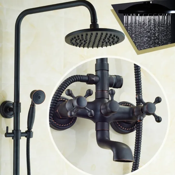 Vintage Shower Faucet Set, Shower System 8" Rainfall Shower Head System Kit, Handshower Included Rainfall Shower Antique Style Country Electroplated Mount Outside Brass Valve Bath Shower Mixer Taps
