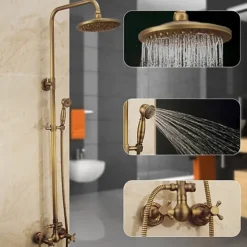 Vintage Shower System Faucet Combo Set Ceramic Mixer Valve, 8 inch Brass Rainfall Shower Head Showerhead with Handheld Spray, Antique Wall Mounted Tub and Shower Kit Bathroom Bath
