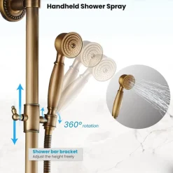 Vintage Shower System Faucet Combo Set Ceramic Mixer Valve, 8 inch Brass Rainfall Shower Head Showerhead with Handheld Spray, Antique Wall Mounted Tub and Shower Kit Bathroom Bath
