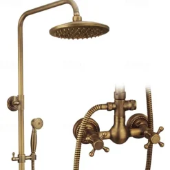 Vintage Shower System Faucet Combo Set Ceramic Mixer Valve, 8 inch Brass Rainfall Shower Head Showerhead with Handheld Spray, Antique Wall Mounted Tub and Shower Kit Bathroom Bath