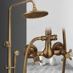 Vintage Shower System Faucet Combo Set Ceramic Mixer Valve, 8 inch Brass Rainfall Shower Head Showerhead with Handheld Spray, Antique Wall Mounted Tub and Shower Kit Bathroom Bath