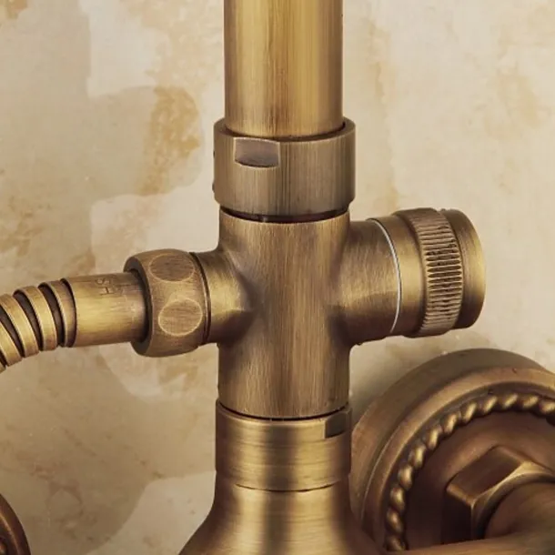 Vintage Shower System Faucet Combo Set Ceramic Mixer Valve, 8 inch Brass Rainfall Shower Head Showerhead with Handheld Spray, Antique Wall Mounted Tub and Shower Kit Bathroom Bath