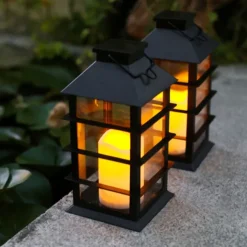 Vintage Solar Lantern - Flickering LED Hanging Pathway Light, Solar Powered Metal Outdoor Lantern for Garden, Patio, Courtyard Decor