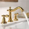 Vintage Widespread Bathroom Sink Mixer Faucet, 360 Swivel Retro Style Brass 3 Hole 2 Handle Basin Tap Deck Mounted, Washroom Basin Vessel Water Tap with Hot and Cold Hose