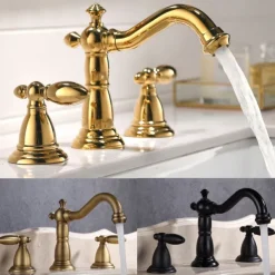 Vintage Widespread Bathroom Sink Mixer Faucet, 360 Swivel Retro Style Brass 3 Hole 2 Handle Basin Tap Deck Mounted, Washroom Basin Vessel Water Tap with Hot and Cold Hose