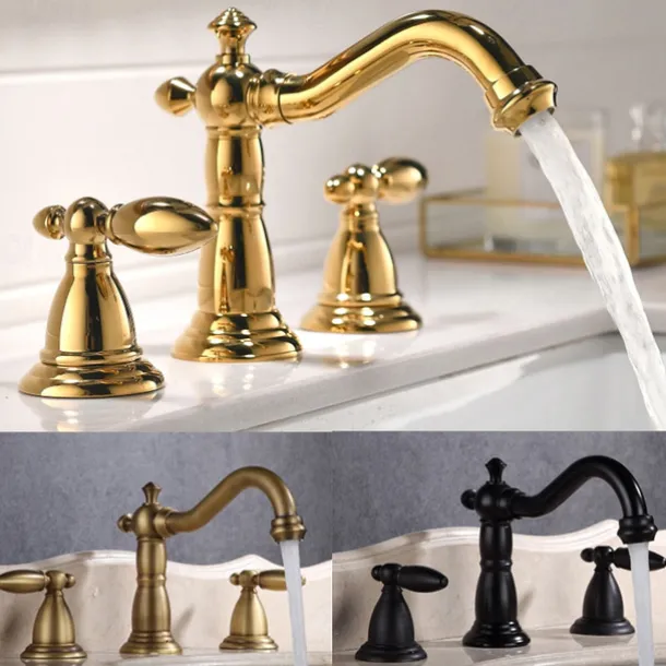 Vintage Widespread Bathroom Sink Mixer Faucet, 360 Swivel Retro Style Brass 3 Hole 2 Handle Basin Tap Deck Mounted, Washroom Basin Vessel Water Tap with Hot and Cold Hose
