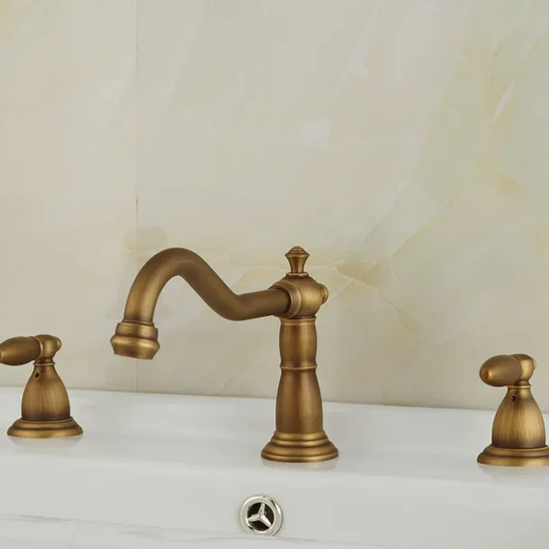 Vintage Widespread Bathroom Sink Mixer Faucet, 360 Swivel Retro Style Brass 3 Hole 2 Handle Basin Tap Deck Mounted, Washroom Basin Vessel Water Tap with Hot and Cold Hose