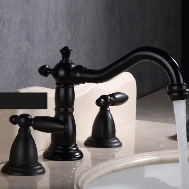 Vintage Widespread Bathroom Sink Mixer Faucet, 360 Swivel Retro Style Brass 3 Hole 2 Handle Basin Tap Deck Mounted, Washroom Basin Vessel Water Tap with Hot and Cold Hose