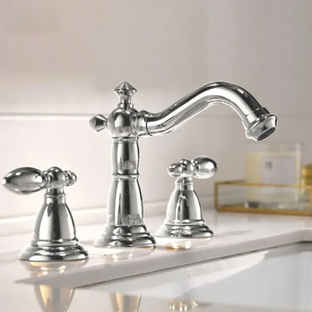 Vintage Widespread Bathroom Sink Mixer Faucet, 360 Swivel Retro Style Brass 3 Hole 2 Handle Basin Tap Deck Mounted, Washroom Basin Vessel Water Tap with Hot and Cold Hose