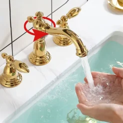 Vintage Widespread Bathroom Sink Mixer Faucet, 360 Swivel Retro Style Brass 3 Hole 2 Handle Basin Tap Deck Mounted, Washroom Basin Vessel Water Tap with Hot and Cold Hose