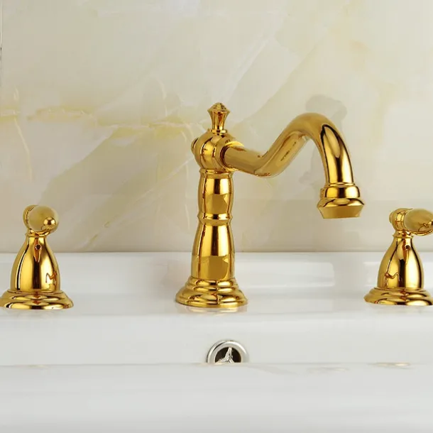 Vintage Widespread Bathroom Sink Mixer Faucet, 360 Swivel Retro Style Brass 3 Hole 2 Handle Basin Tap Deck Mounted, Washroom Basin Vessel Water Tap with Hot and Cold Hose