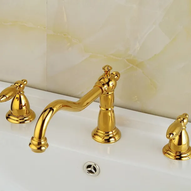 Vintage Widespread Bathroom Sink Mixer Faucet, 360 Swivel Retro Style Brass 3 Hole 2 Handle Basin Tap Deck Mounted, Washroom Basin Vessel Water Tap with Hot and Cold Hose