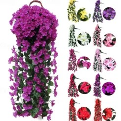Vivid Artificial Hanging Orchid Bunch Simulation Flower Vine Violet Hanging Flower Vine Wall Hanging Orchid Hanging Basket Flower Balcony Home Decoration Flower Wall For Wedding Garden Decoration