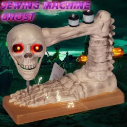 Voice Controlled Skeleton Sewing Machine, Realistic Skeleton with Spooky Sounds Decoration, Figurine Perfect Halloween Decoration for Outdoor Indoor Yard Haunted House Decor