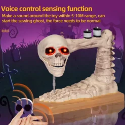 Voice Controlled Skeleton Sewing Machine, Realistic Skeleton with Spooky Sounds Decoration, Figurine Perfect Halloween Decoration for Outdoor Indoor Yard Haunted House Decor