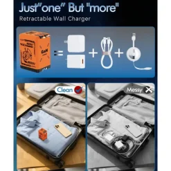 45W GaN Charger Fast Charging,Retractable Phone Charger Wall Plug with Lightening and Type-C Cables, for Phone, Android and More