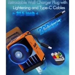 45W GaN Charger Fast Charging,Retractable Phone Charger Wall Plug with Lightening and Type-C Cables, for Phone, Android and More