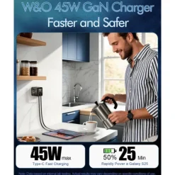 45W GaN Charger Fast Charging,Retractable Phone Charger Wall Plug with Lightening and Type-C Cables, for Phone, Android and More