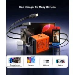 45W GaN Charger Fast Charging,Retractable Phone Charger Wall Plug with Lightening and Type-C Cables, for Phone, Android and More