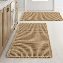 Waffle Bathroom Rugs, Boho Bath Rugs Non Slip Washable, Super Absorbent Bath Mats, Ultra Soft Rubber Backed Shower Mats for Bathroom Floor, Tub and Shower, Brown