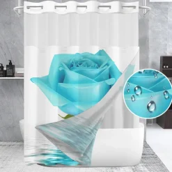 Waffle-Weave Floral Shower Curtain Set with Snap-in Liner and Sheer Window, Water-Repellent Polyester, No-Hook Grommet Top, 120GSM Hotel Spa Bathroom Partition, Double-Layer Design