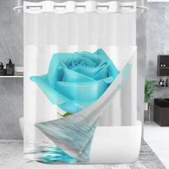 Waffle-Weave Floral Shower Curtain Set with Snap-in Liner and Sheer Window, Water-Repellent Polyester, No-Hook Grommet Top, 120GSM Hotel Spa Bathroom Partition, Double-Layer Design