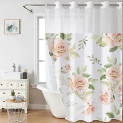 Waffle-Weave Floral Shower Curtain Set with Snap-in Liner and Sheer Window, Water-Repellent Polyester, No-Hook Grommet Top, 120GSM Hotel Spa Bathroom Partition, Double-Layer Design