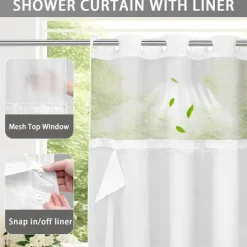 Waffle-Weave Textured Shower Curtain Set with Snap-in Liner and Sheer Window Water-Repellent Polyester Blend Fabric,Grommet Top,120GSM Hotel Quality Spa Style Bathroom Partition No Hooks Required