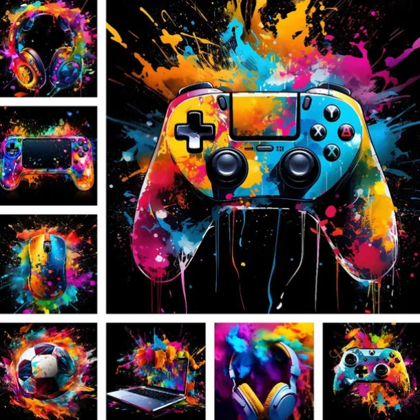 Wall Art Canvas Colorful Neon Gamer Controller Prints and Posters Pictures Decorative Fabric Painting For Living Room Pictures No Frame