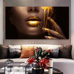 Wall Art Canvas Poster Painting Artwork Picture Gold Lips Woman Home Decoration Décor Rolled Canvas No Frame Unframed Unstretched