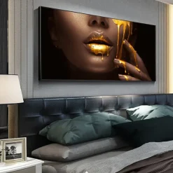 Wall Art Canvas Poster Painting Artwork Picture Gold Lips Woman Home Decoration Décor Rolled Canvas No Frame Unframed Unstretched