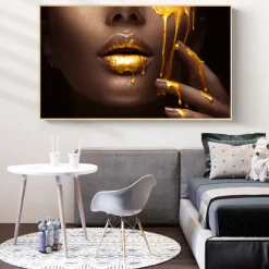 Wall Art Canvas Poster Painting Artwork Picture Gold Lips Woman Home Decoration Décor Rolled Canvas No Frame Unframed Unstretched