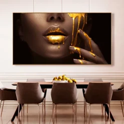 Wall Art Canvas Poster Painting Artwork Picture Gold Lips Woman Home Decoration Décor Rolled Canvas No Frame Unframed Unstretched
