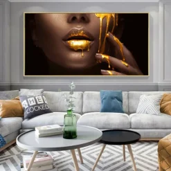 Wall Art Canvas Poster Painting Artwork Picture Gold Lips Woman Home Decoration Décor Rolled Canvas No Frame Unframed Unstretched