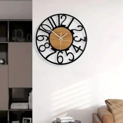 Wall Clock Art Simple Clock Outdoor Clock 16inch Iron Art Wooden Roman Numerals Large Outdoor Clock Retro Open Face Silent Quartz Battery Operated Decor Clock
