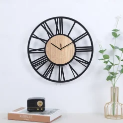 Wall Clock Art Simple Clock Outdoor Clock 16inch Iron Art Wooden Roman Numerals Large Outdoor Clock Retro Open Face Silent Quartz Battery Operated Decor Clock