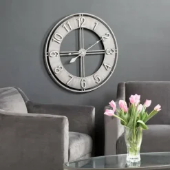 Wall Clock Becka Gray Silver 60CM Wall Clock Modern Silent Clockwork Industrial Wall Clock Round Wall Clock Metal Industrial Iron Vintage French Provincial Antique